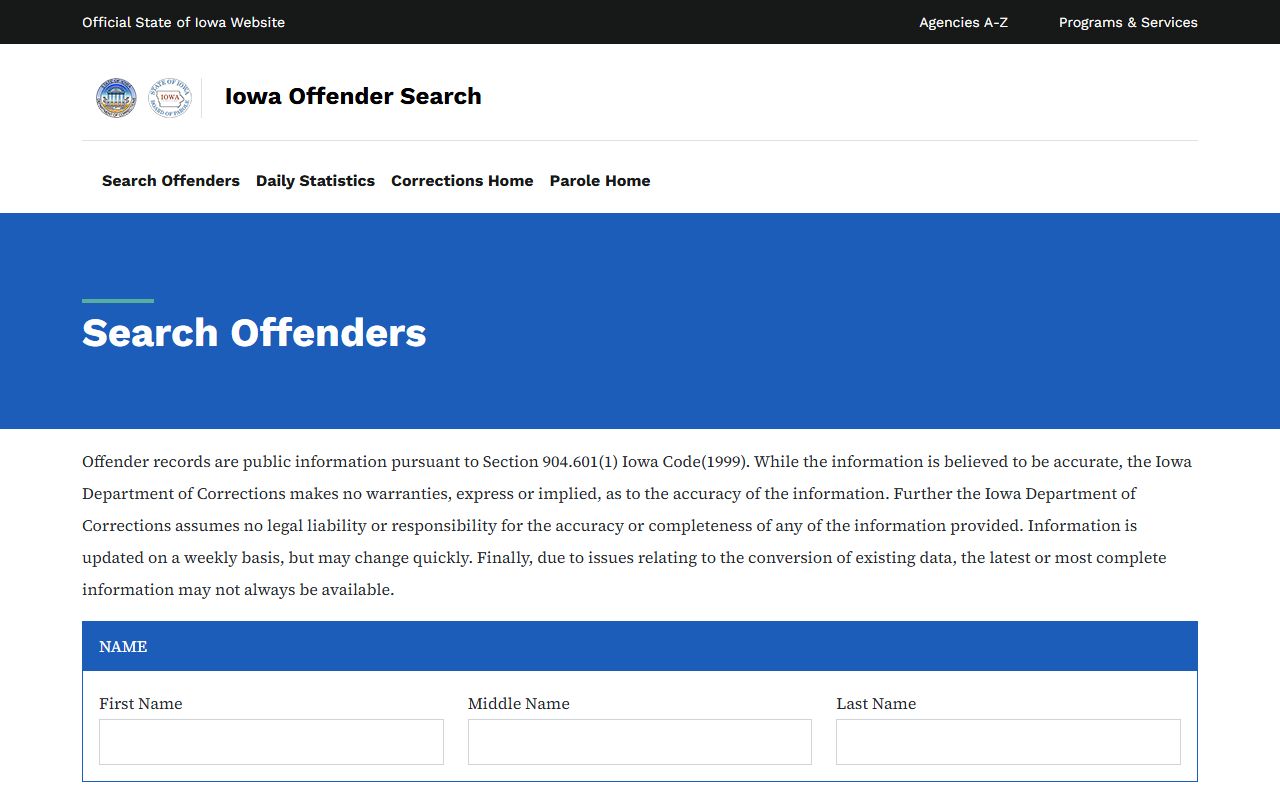 Iowa DOC offender search fields for Butler County inmate records